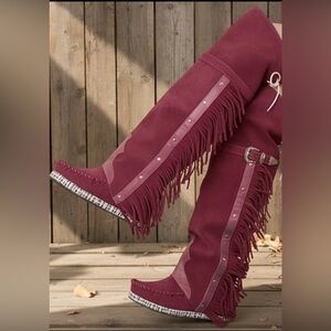 Bohemian Fringe Knee-High Moccasin Boots - Wine (6)‼️NWOB‼️